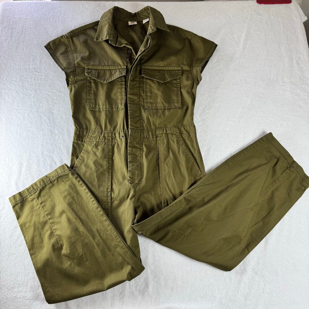 Levi’s Army Green Utility Jumpsuit XS Cotton Cargo Coverall Romper Cap Sleeve - Picture 2 of 14